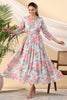 Grey Color Crepe Printed Peonies Dress