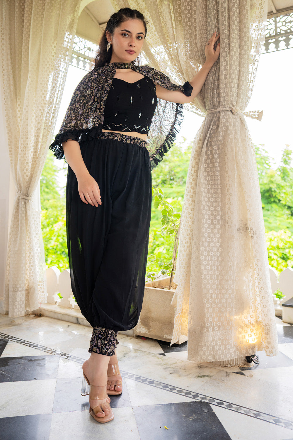 Black Color Georgette Embroidered Crop-top Set With Jacket
