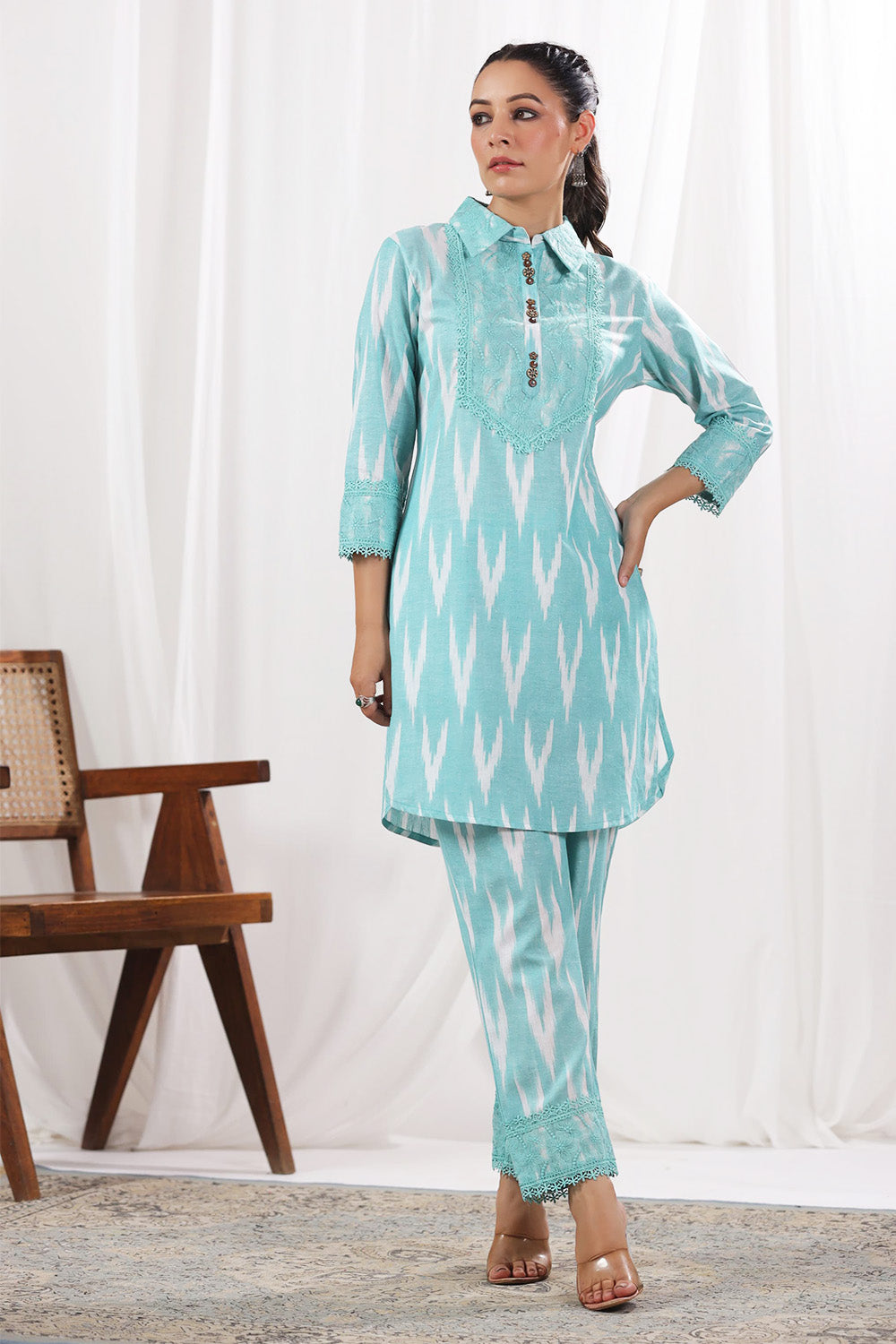Mint Green Color Khadi Cotton Lace Work Kurta Set