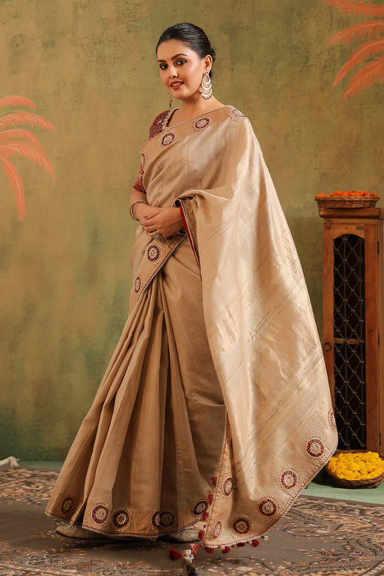 Beige Pure Tussar Embroidered Saree