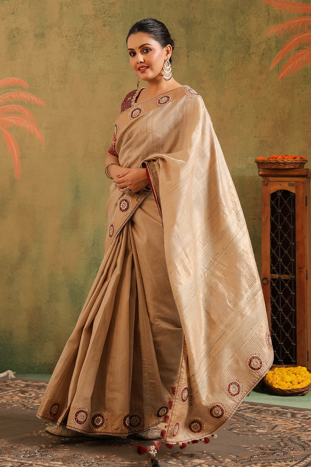 Beige Pure Tussar Embroidered Saree