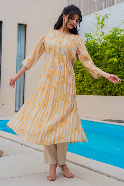 Mustard Muslin Floral Printed Kurta Set