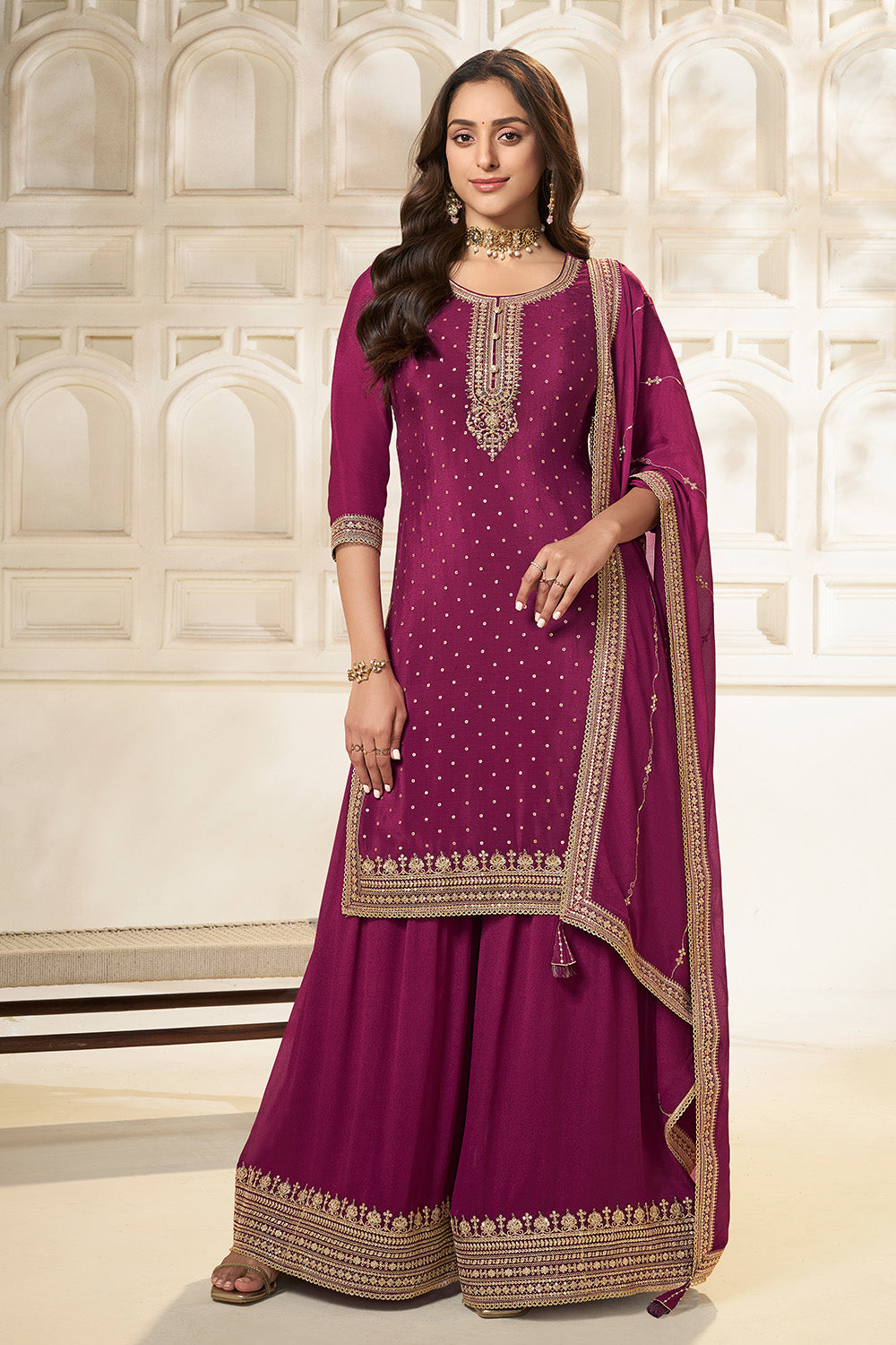 Wine Crepe Silk Zari Embroidered Suit With Embroidered Palazzo