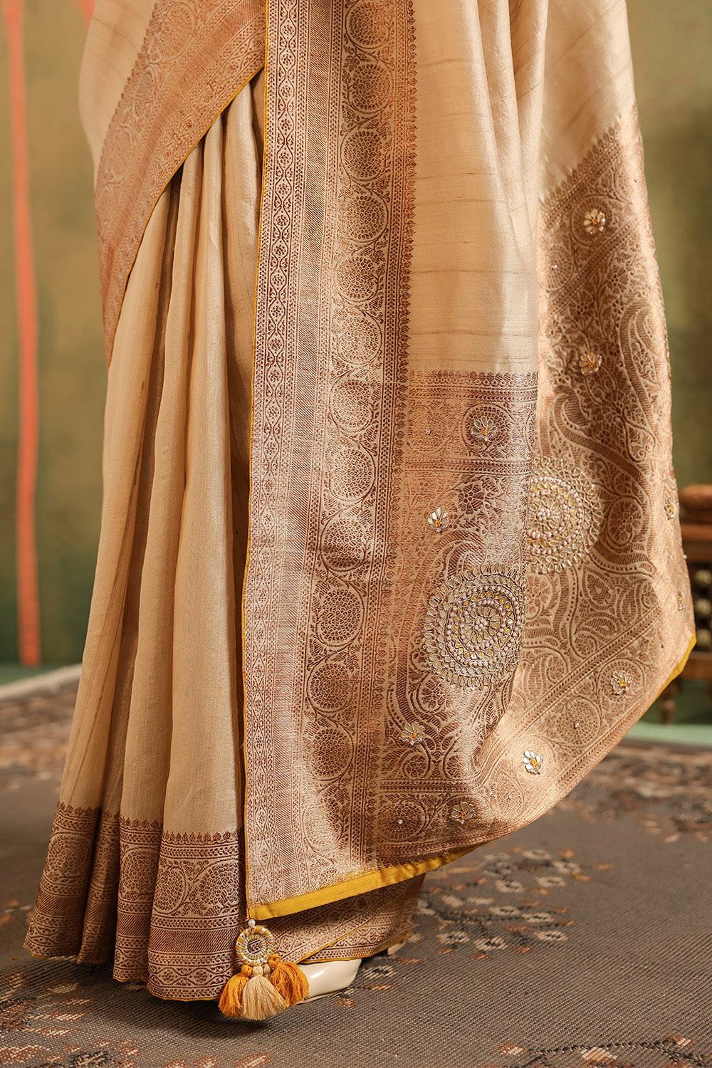 Beige & Mustard Pure Tussar Silk Woven And Embroidered Saree