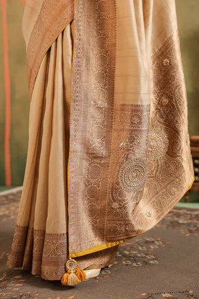 Beige & Mustard Pure Tussar Silk Woven And Embroidered Saree