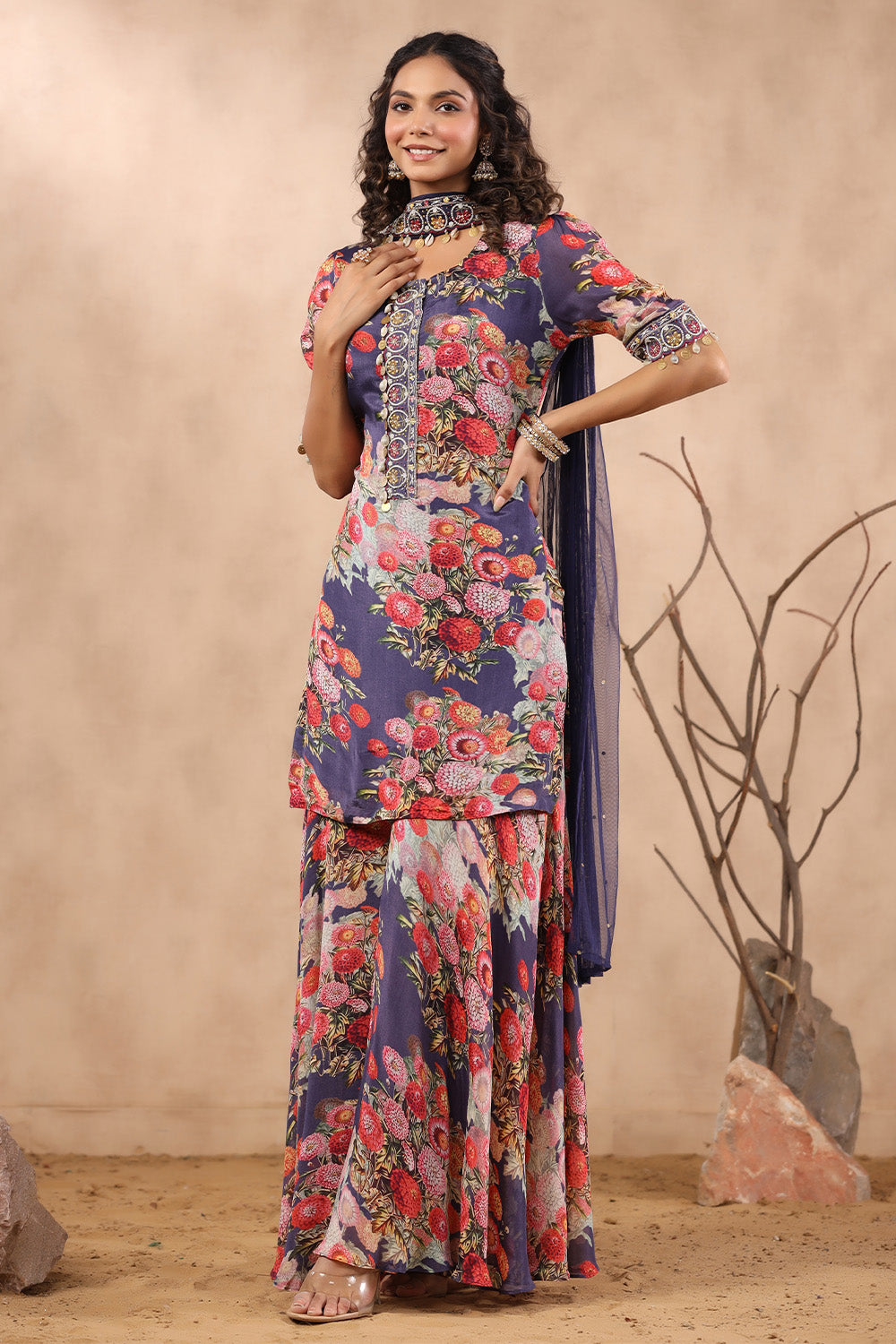 Navy Color Floral Printed Suit With Palazzo