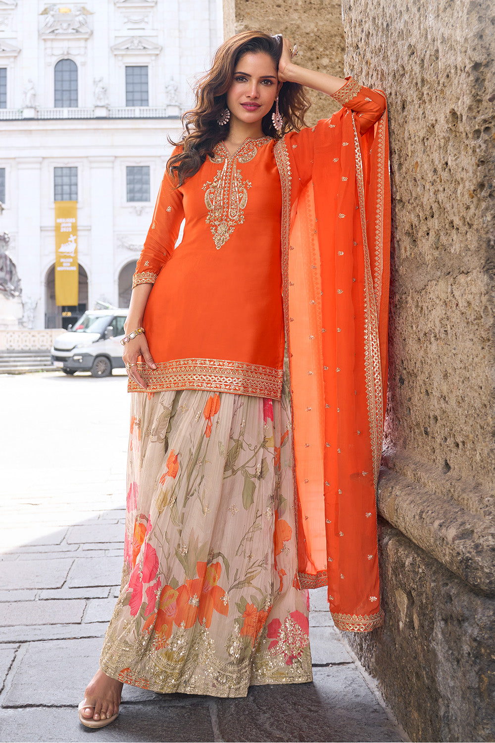 Orange Crepe Silk Zari and Sequins Embroidered Suit With Embroidered Palazzo