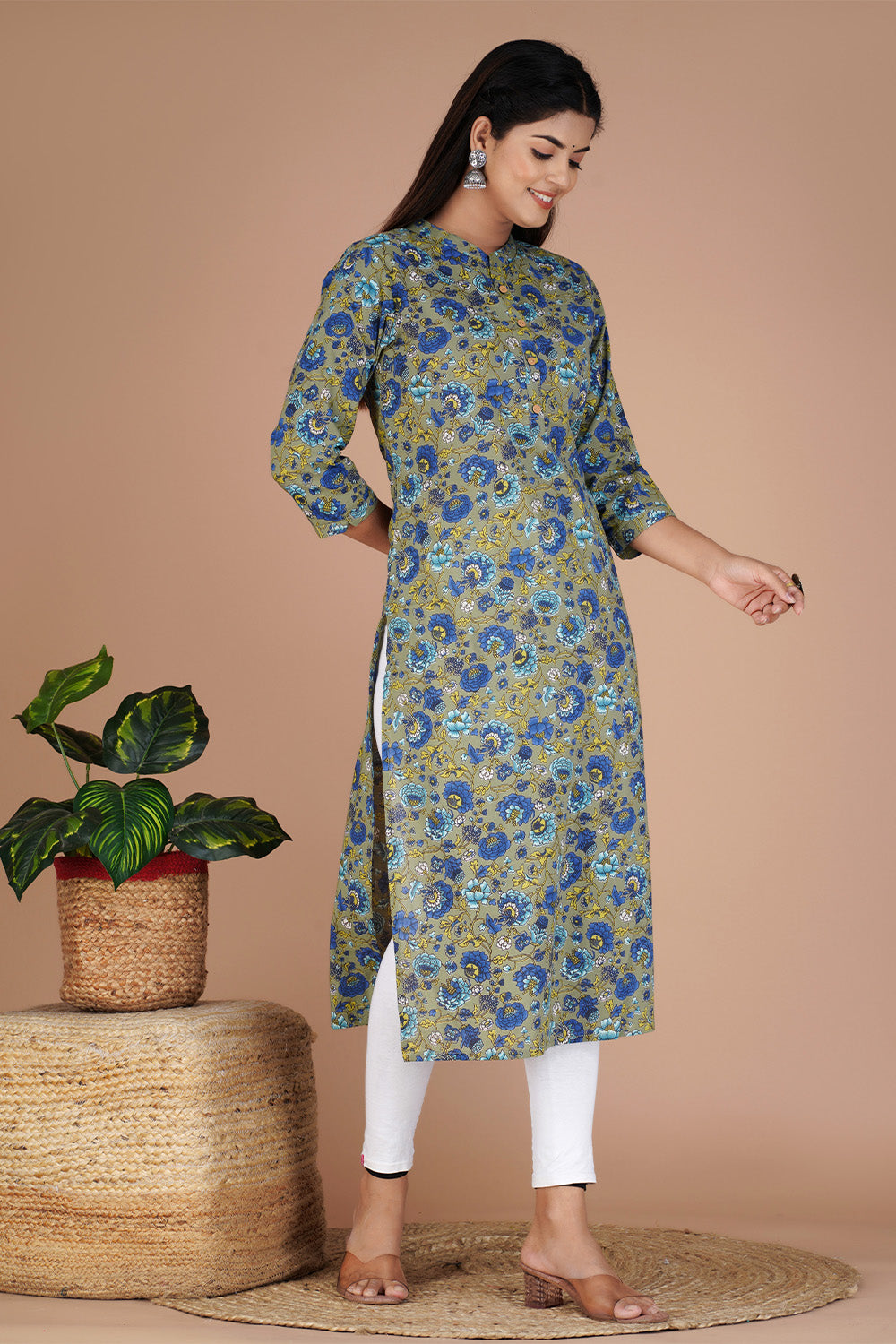 Olive Green Color Cotton Floral Printed Kurti