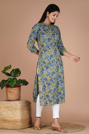 Olive Green Color Cotton Floral Printed Kurti