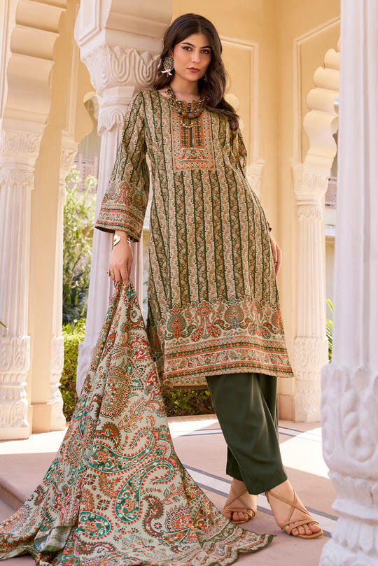 Beige & Green Spun Mughal-Inspired Paisley Printed Unstitched Suits Material