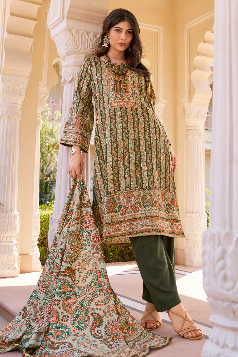 Beige & Green Spun Mughal-Inspired Paisley Printed Unstitched Suits Material