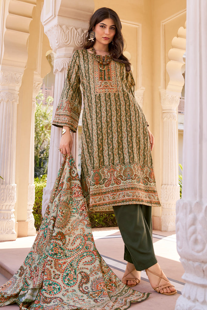Beige & Green Spun Mughal-Inspired Paisley Printed Unstitched Suits Material