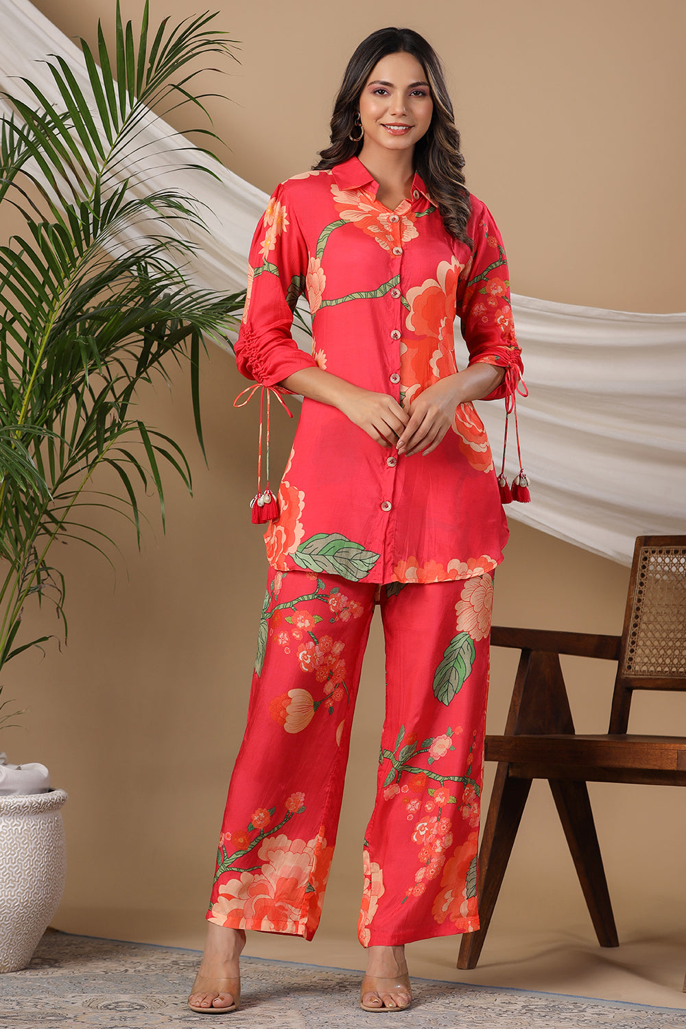 Fuchsia Pink Color Muslin Printed Co-Ord Set