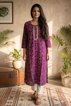 Purple Bandhani Printed & Gota-Patti Work Cotton Kurta