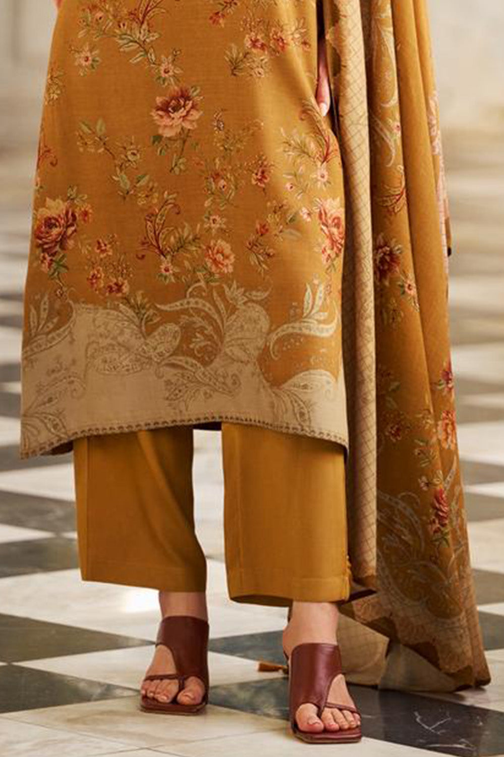 Mustard Spun Floral Printed Unstitched Suit Fabric