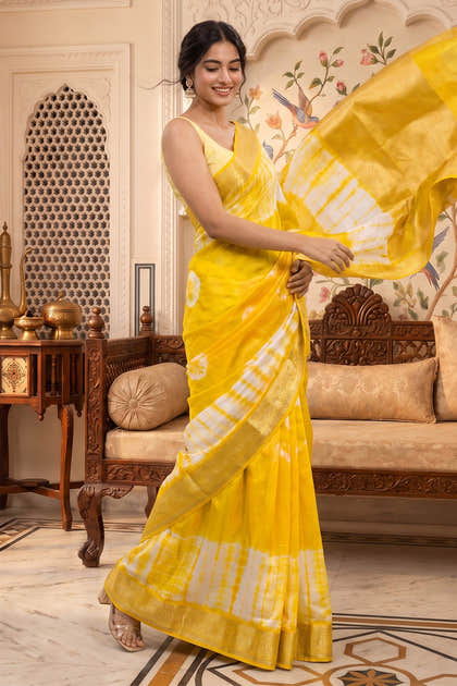 Yellow Georgette Shibori Printed Saree
