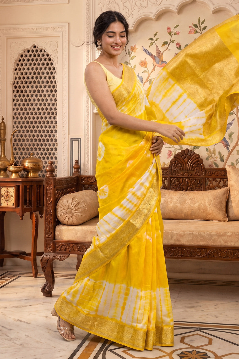 Yellow Georgette Shibori Printed Saree