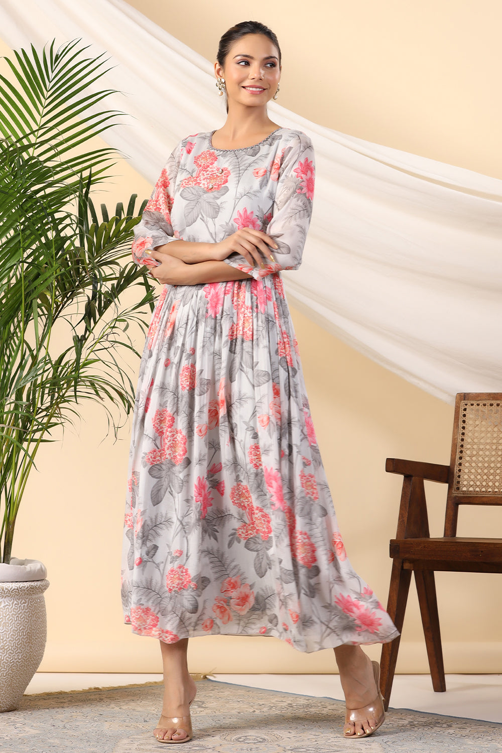 Grey Color Crepe Printed Peonies Dress