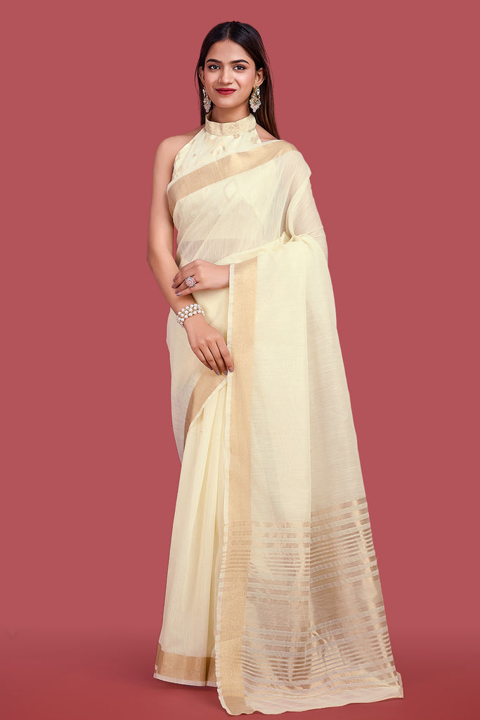 Cream Colour Cotton Zari Woven Saree