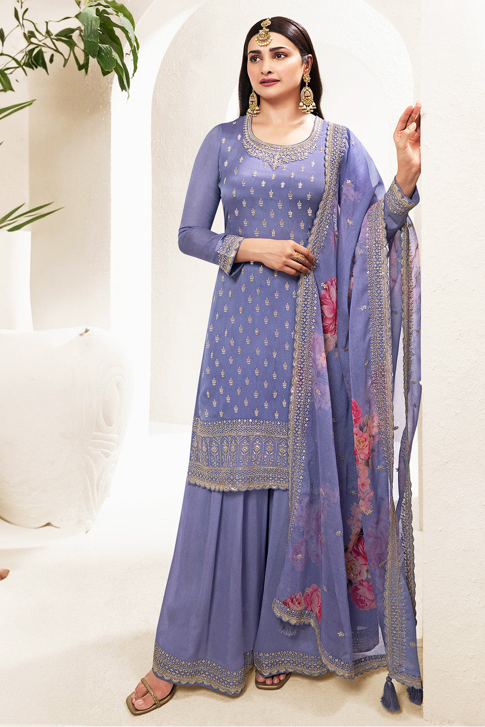 Lavender Color Georgette Embroidered Unstitched Suit Material With Palazzo