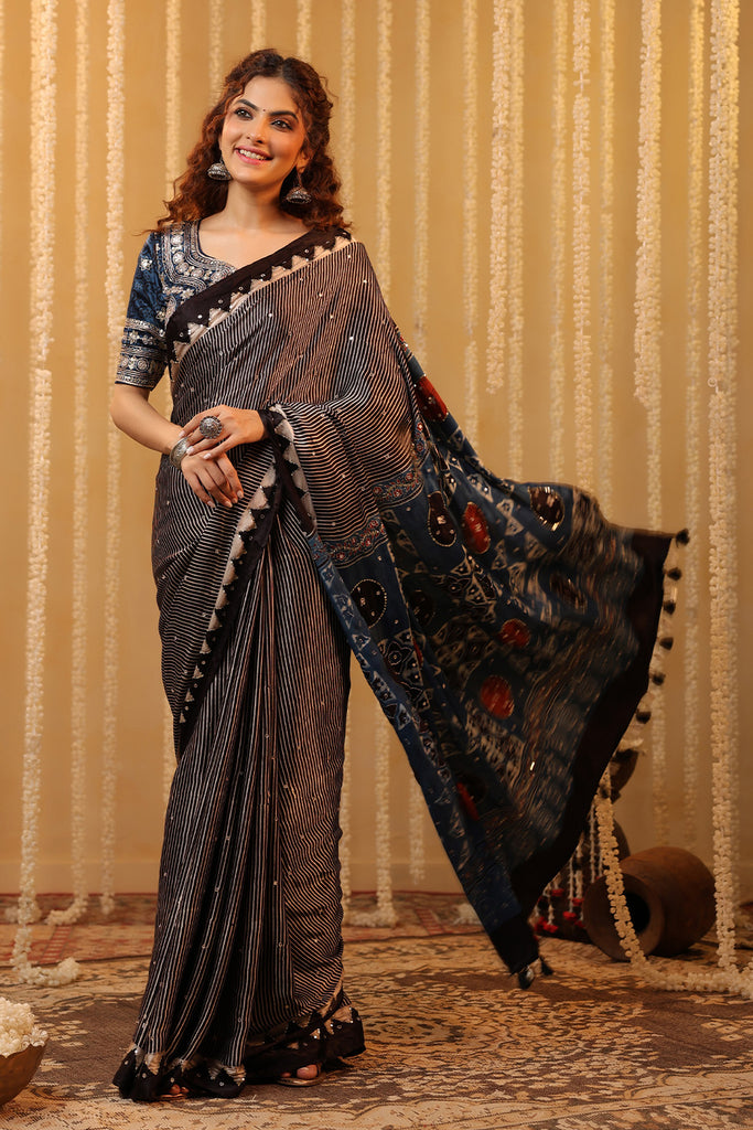 Black & Blue Pure Mulberry Silk Printed And Embroidered Saree