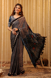 Black & Blue Pure Mulberry Silk Printed And Embroidered Saree