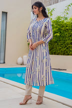 Beige & Blue Floral Printed Muslin Kurta Set