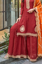 Maroon Color Crepe Silk Embroidered Suit With Palazzo