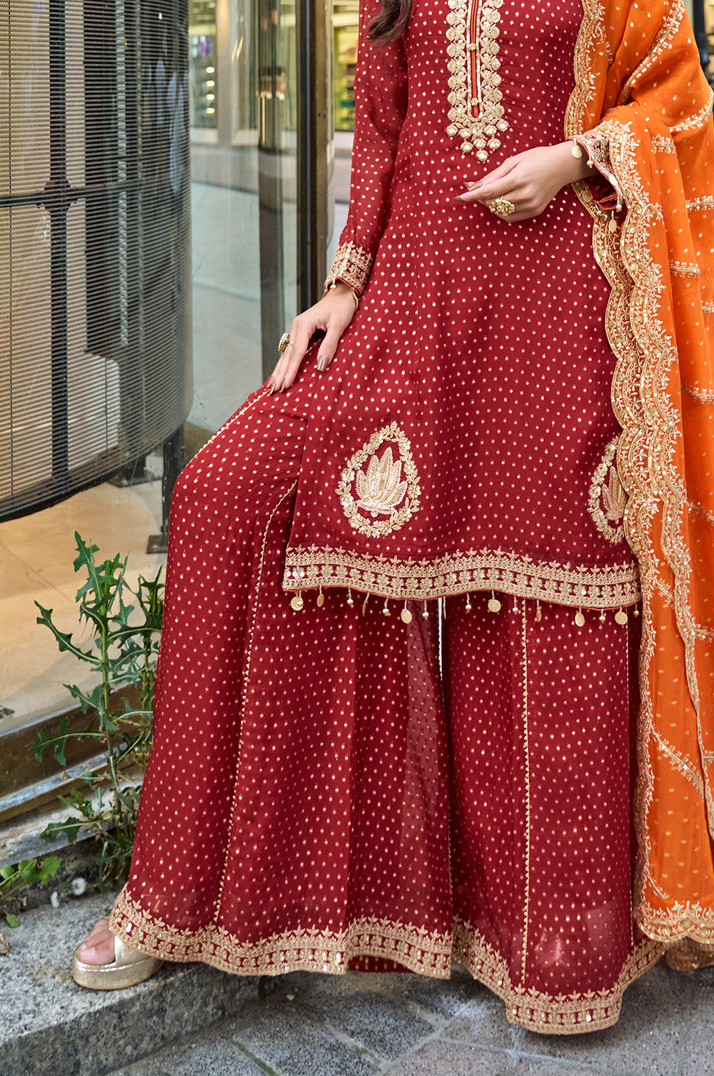 Maroon Color Crepe Silk Embroidered Suit With Palazzo
