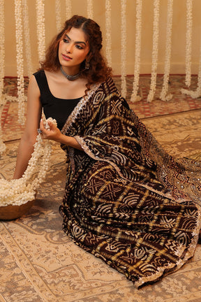 Brown Color Gharchola Pure Gajji Silk Printed And Embroidered Saree