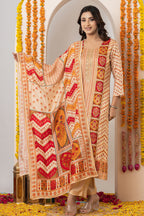Beige Crepe Silk Printed Suit Set