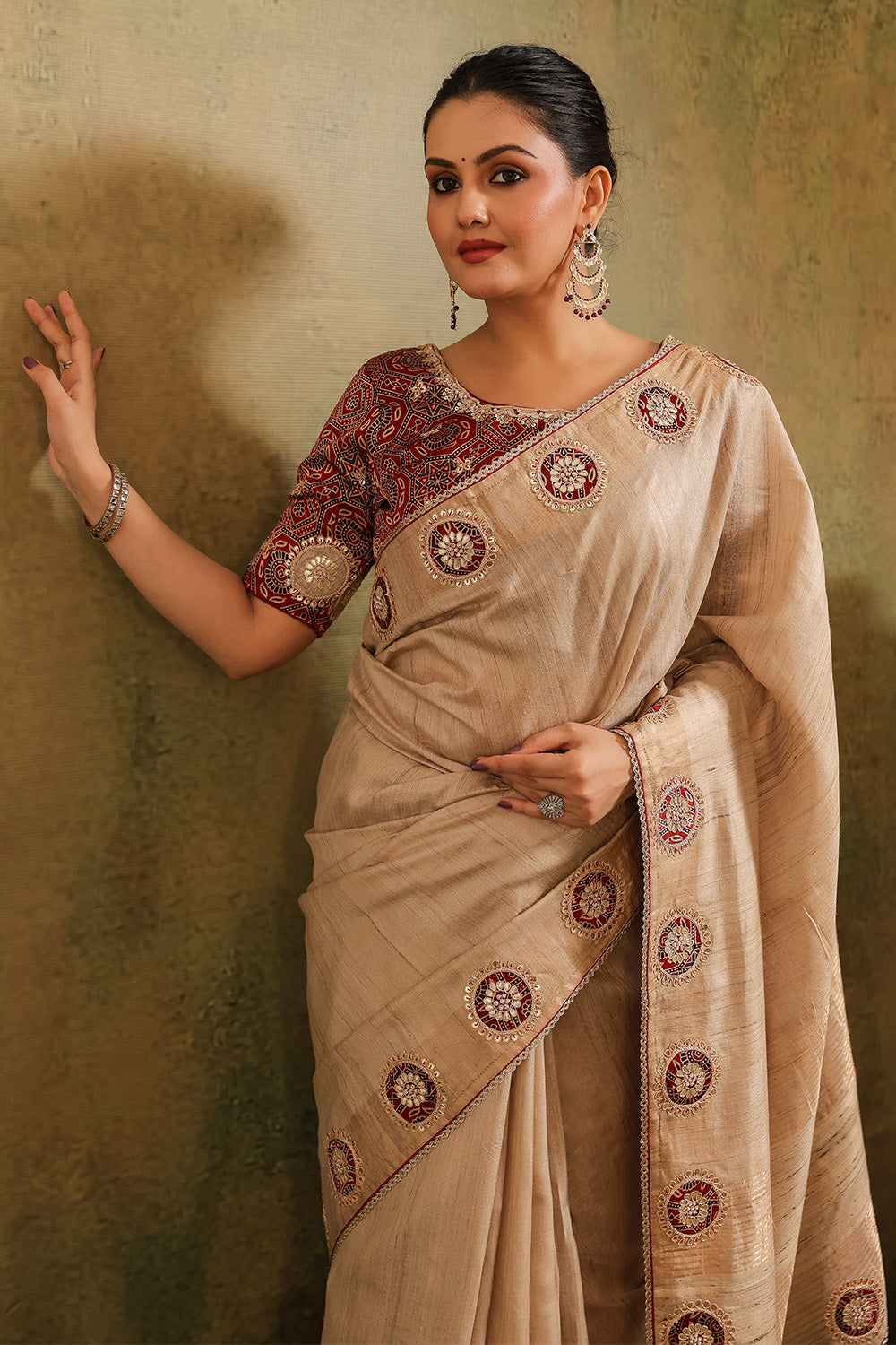 Beige Pure Tussar Embroidered Saree