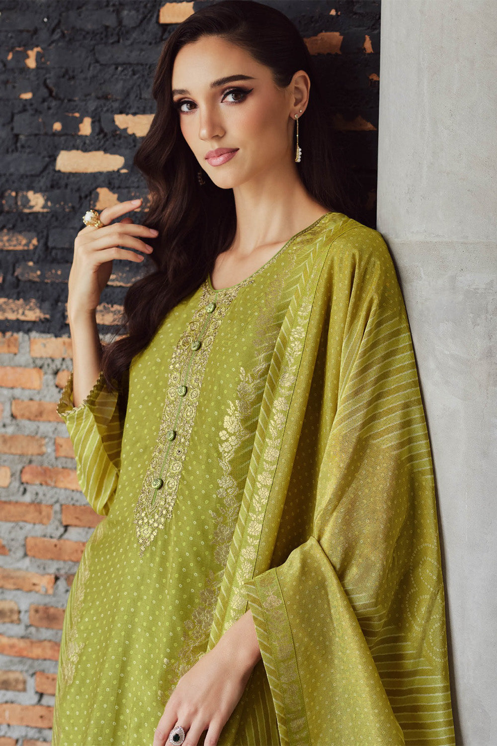 Olive Green Crepe Silk Bandhani Printed, Embroidered And Zari Woven Unstitched Suit