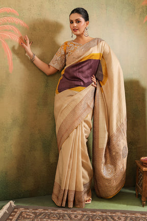 Beige & Mustard Pure Tussar Silk Woven And Embroidered Saree
