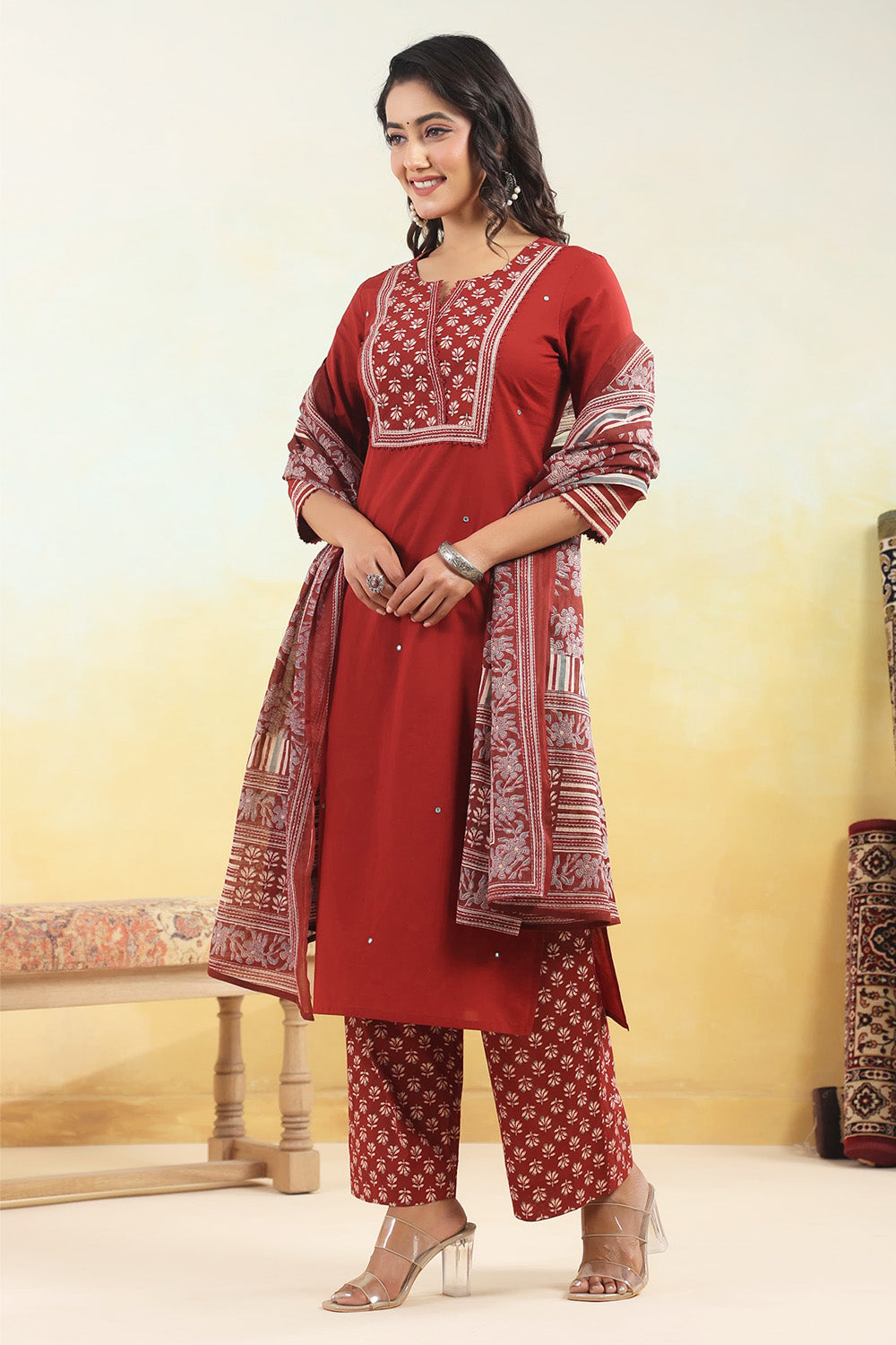 Maroon Colour Cotton Printed Anarkali Suit