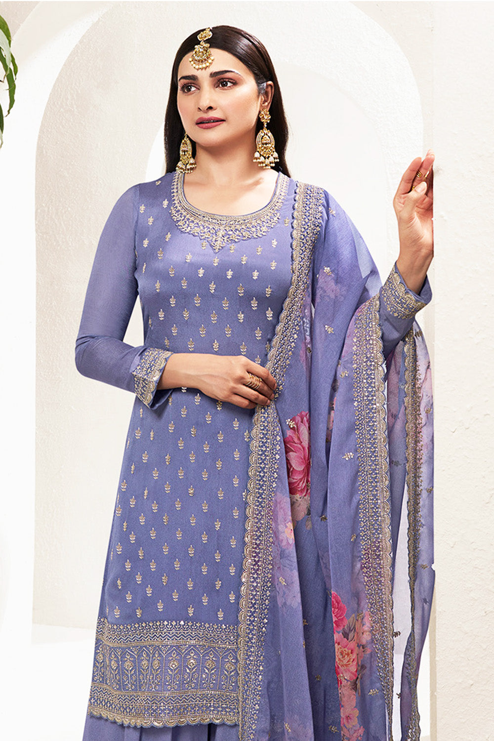 Lavender Color Georgette Embroidered Unstitched Suit Material With Palazzo