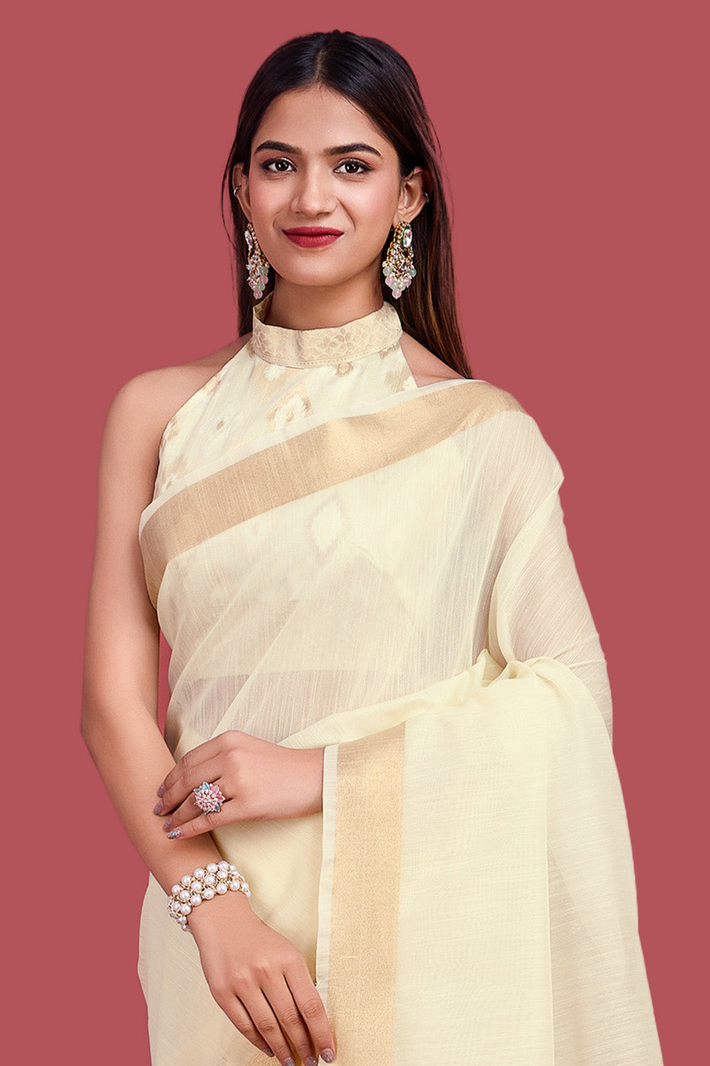 Cream Colour Cotton Zari Woven Saree