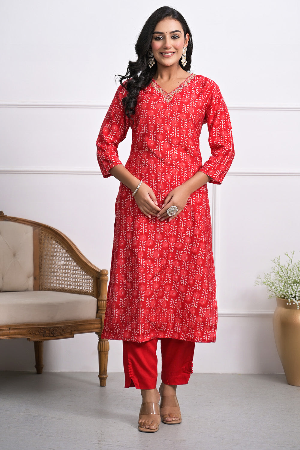 Red Color Muslin Block Printed Straight suit