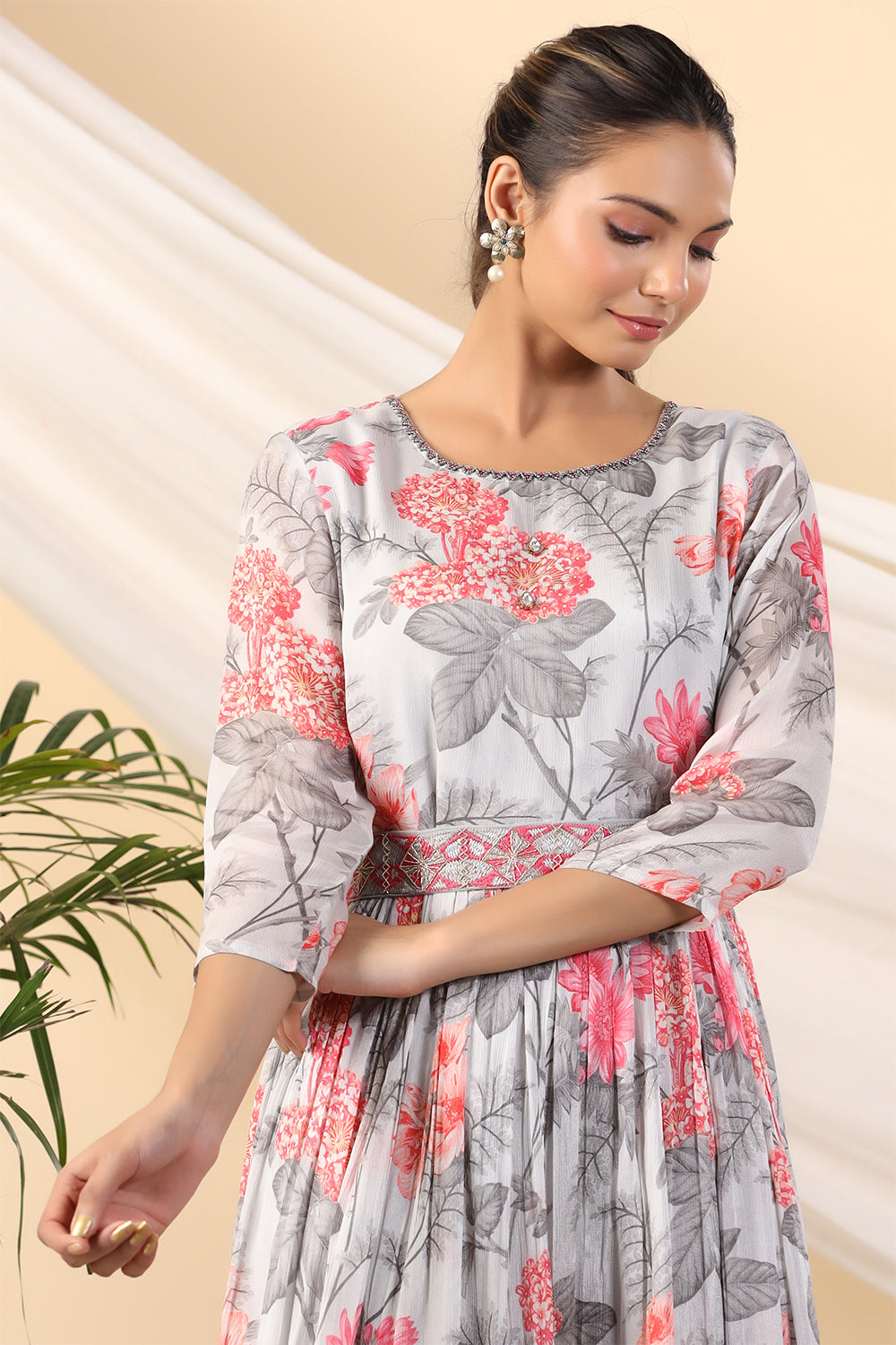 Grey Color Crepe Printed Peonies Dress