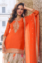 Orange Crepe Silk Zari and Sequins Embroidered Suit With Embroidered Palazzo