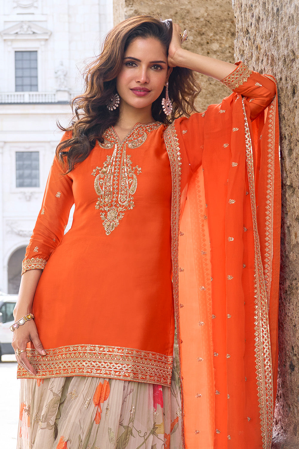 Orange Crepe Silk Zari and Sequins Embroidered Suit With Embroidered Palazzo