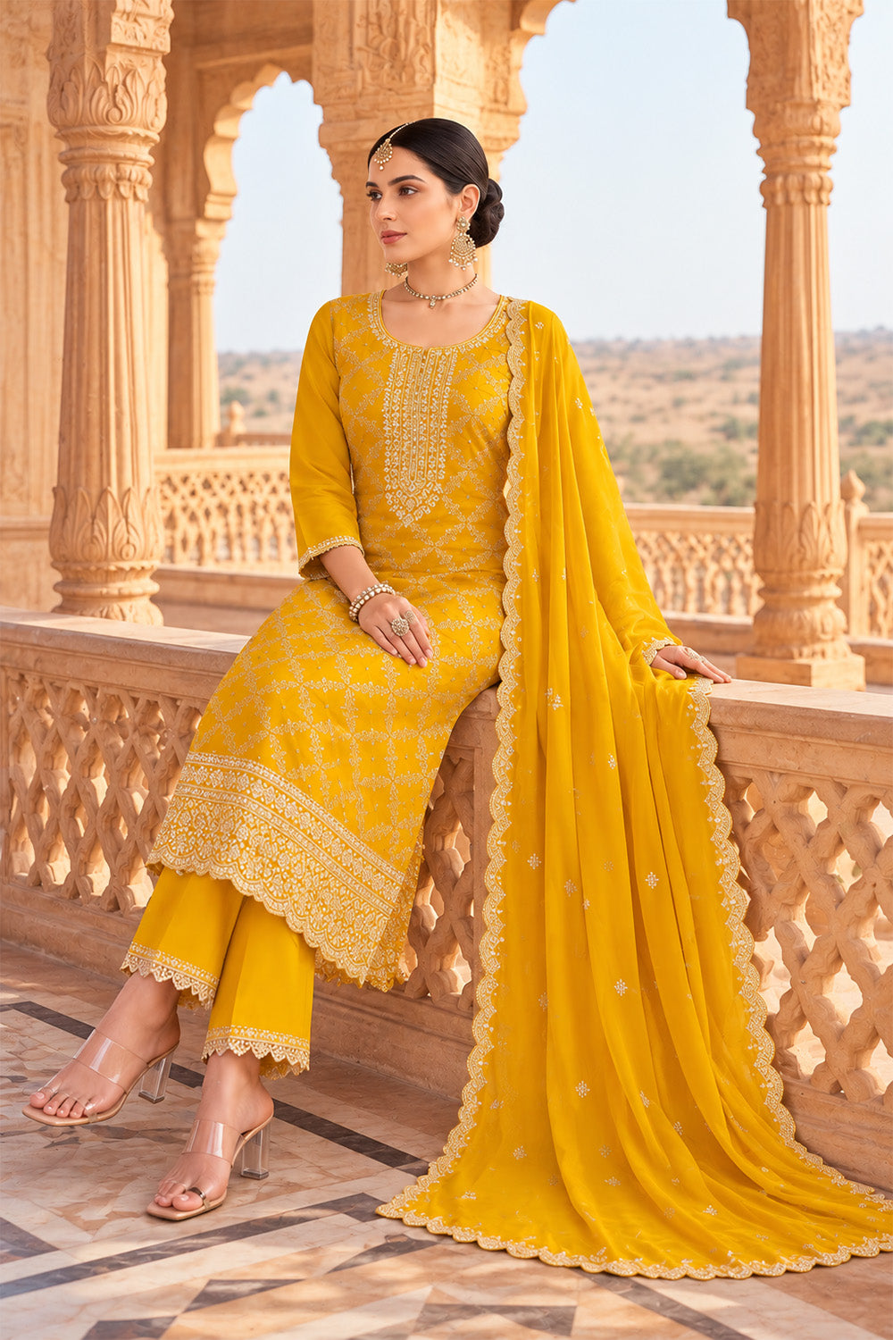 Yellow Crepe Silk Zari Woven And Embroidered Unstiched Suit Material