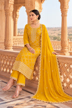 Yellow Crepe Silk Zari Woven And Embroidered Unstiched Suit Material