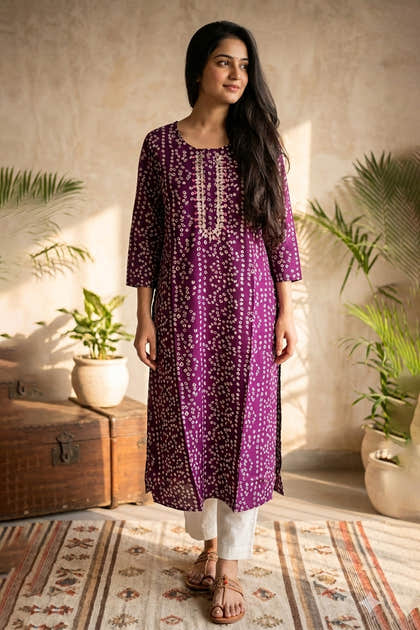 Purple Bandhani Printed & Gota-Patti Work Cotton Kurta