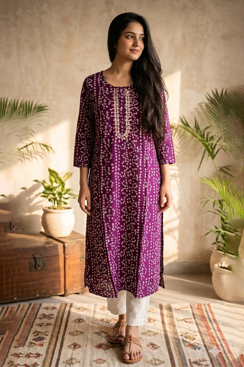 Purple Bandhani Printed & Gota-Patti Work Cotton Kurta