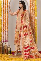 Beige Crepe Silk Printed Suit Set