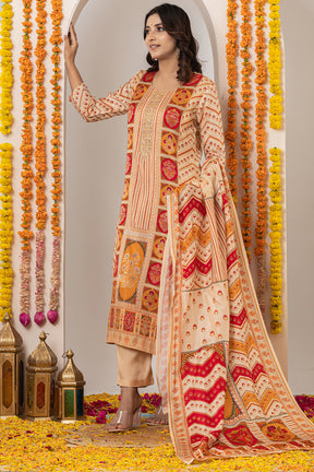 Beige Crepe Silk Printed Suit Set