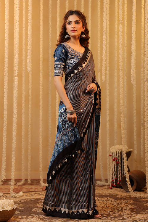 Black & Blue Pure Mulberry Silk Printed And Embroidered Saree