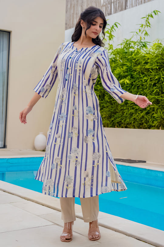 Beige & Blue Floral Printed Muslin Kurta Set