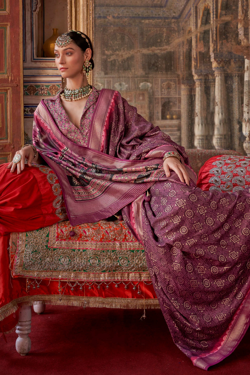 Wine Color Bandhani Printed Gajji Silk Saree